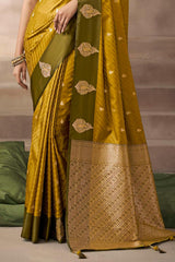 Cynosure Mustard Banarasi Satin Silk Saree With Imaginative Blouse
