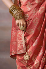 Pulsating Peach Banarasi Satin Silk Saree With Demure Blouse