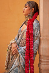 Skinny Grey Digital Printed Cotton Silk Saree With Gratifying Blouse Piece