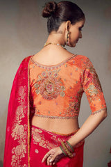 Breathtaking Red Banarasi Silk Saree With Embroidery Blouse Piece