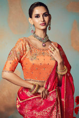 Breathtaking Red Banarasi Silk Saree With Embroidery Blouse Piece