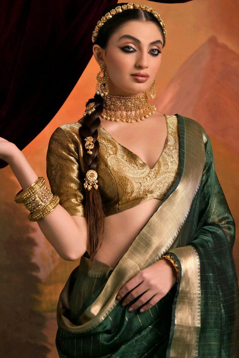 Exquisite Dark Green Soft Banarasi Silk Saree With Exquisite Blouse Piece