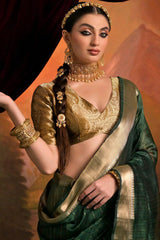 Exquisite Dark Green Soft Banarasi Silk Saree With Exquisite Blouse Piece