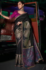 Alluring Black Banarasi Satin Silk Saree With Adoring Blouse
