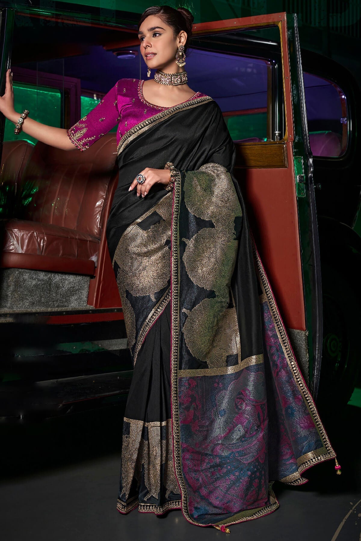 Alluring Black Banarasi Satin Silk Saree With Adoring Blouse