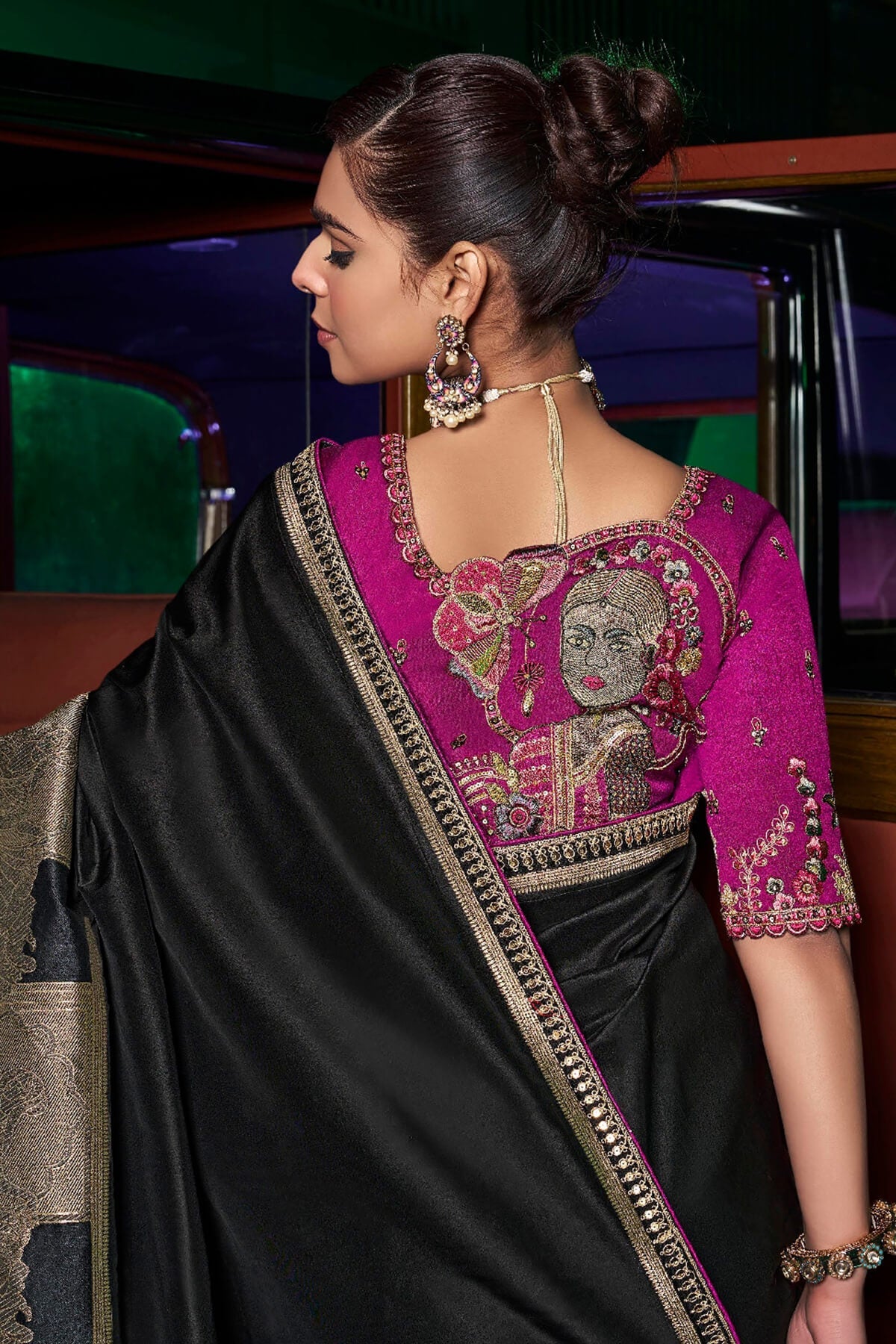Alluring Black Banarasi Satin Silk Saree With Adoring Blouse