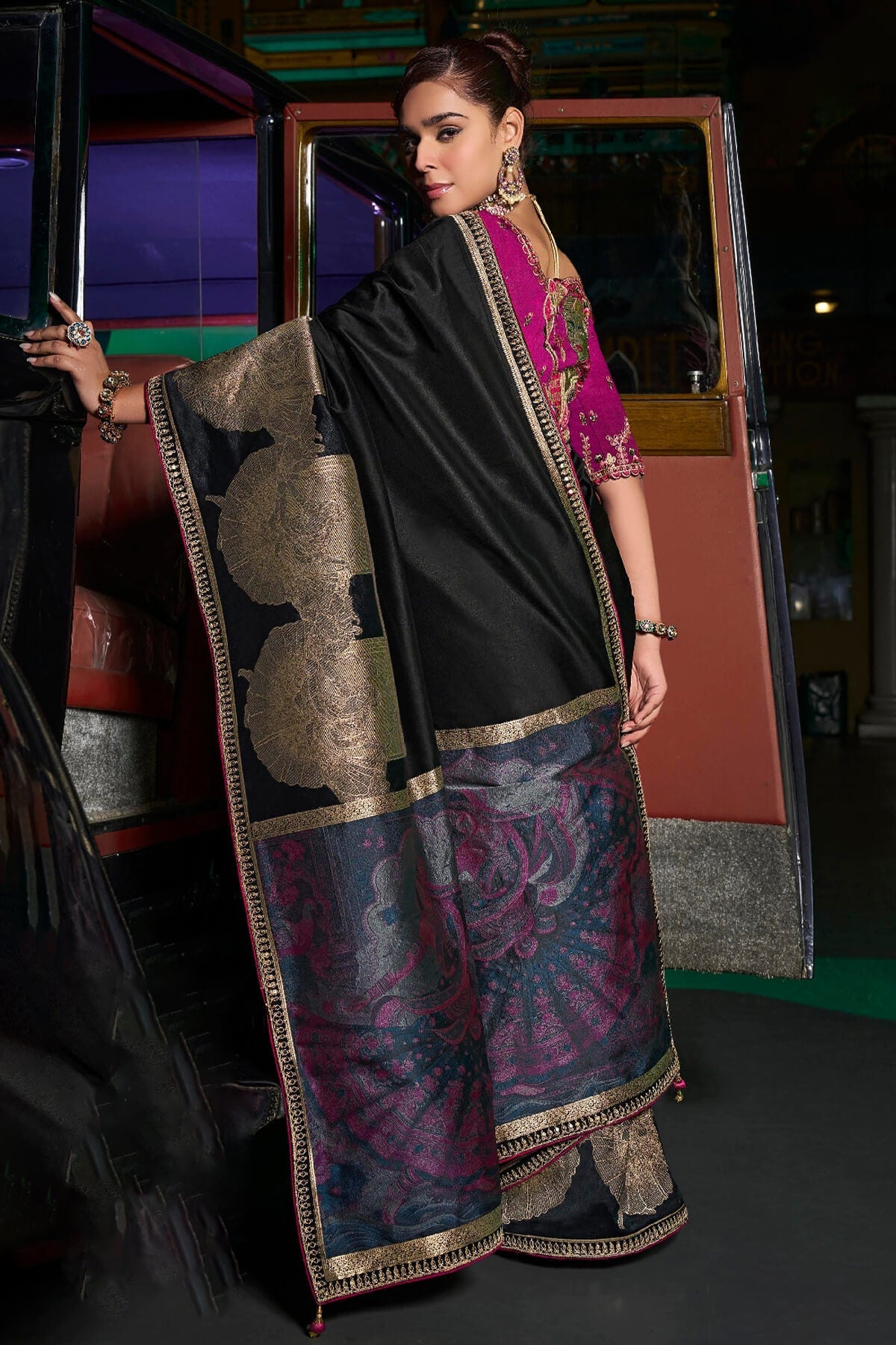 Alluring Black Banarasi Satin Silk Saree With Adoring Blouse