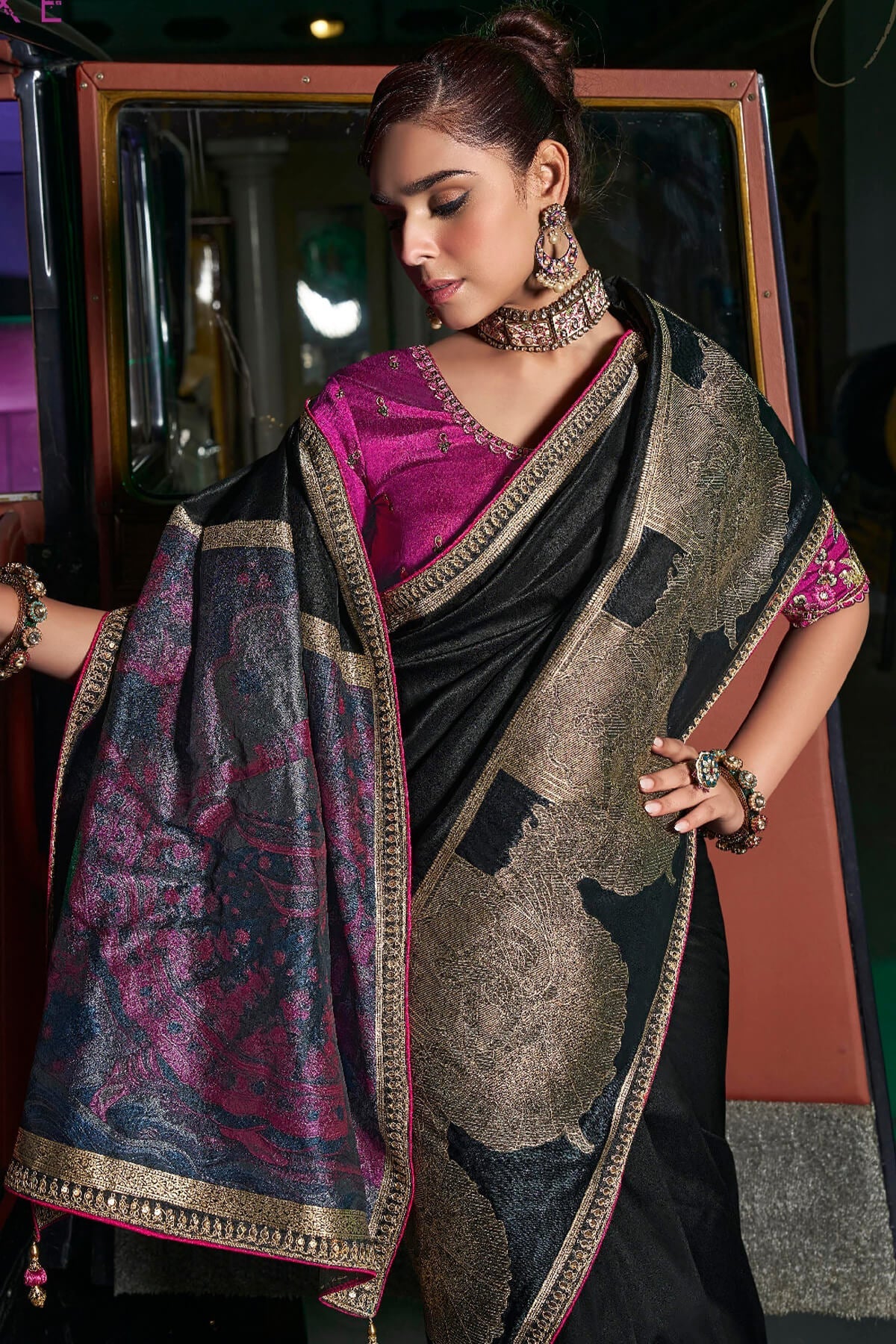 Alluring Black Banarasi Satin Silk Saree With Adoring Blouse