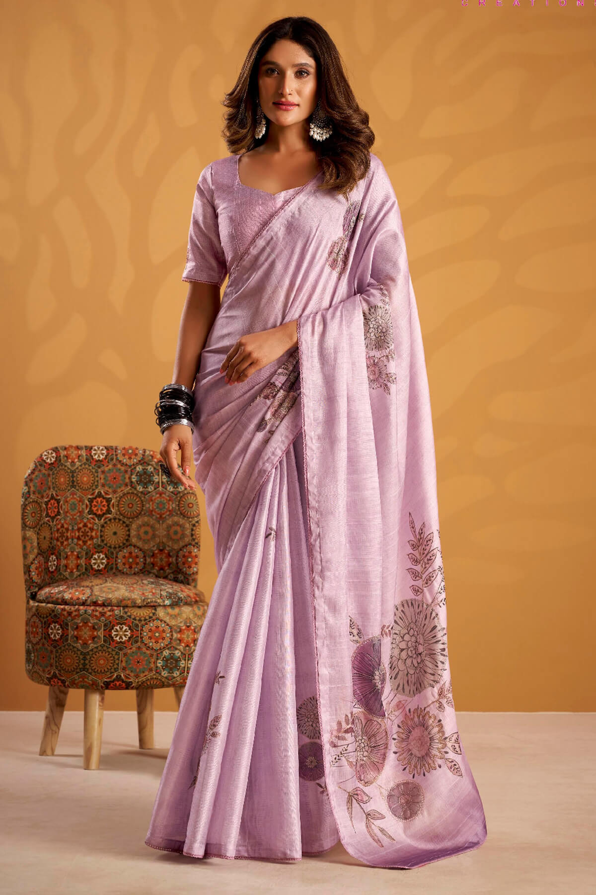 Conflate Lavender Digital Printed Tussar Silk Saree With Unique Blouse Piece