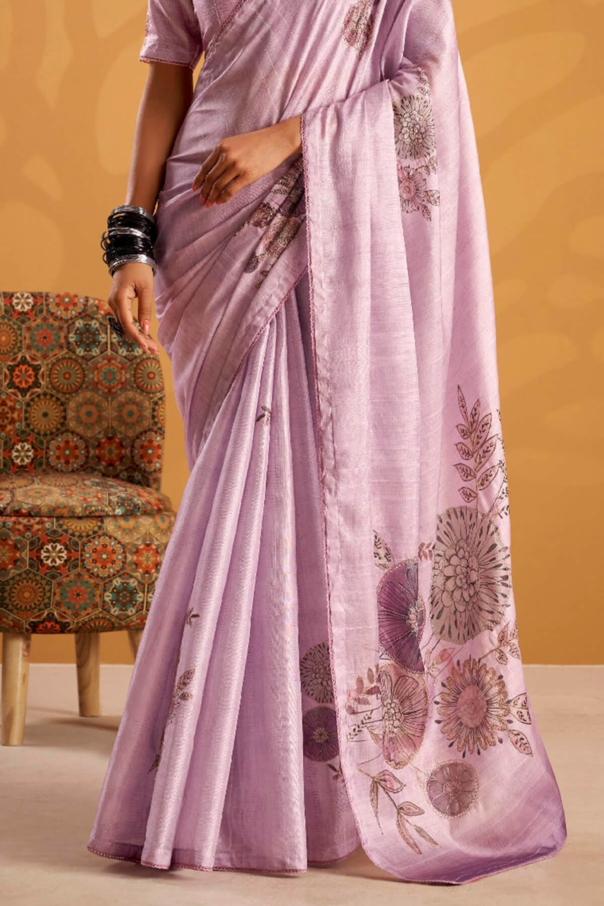 Conflate Lavender Digital Printed Tussar Silk Saree With Unique Blouse Piece