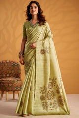 Phenomenal Pista Digital Printed Tussar Silk Saree With Moiety Blouse Piece