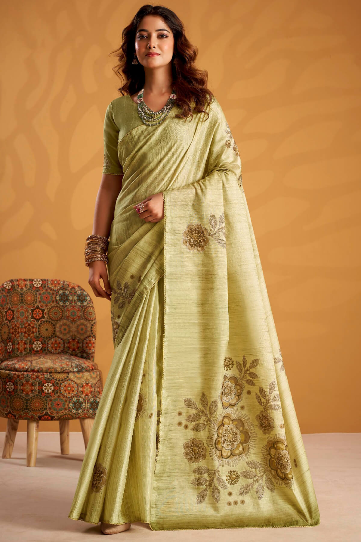 Phenomenal Pista Digital Printed Tussar Silk Saree With Moiety Blouse Piece