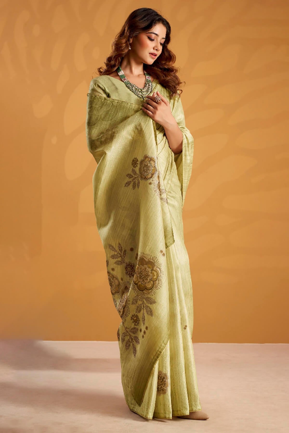 Phenomenal Pista Digital Printed Tussar Silk Saree With Moiety Blouse Piece