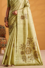 Phenomenal Pista Digital Printed Tussar Silk Saree With Moiety Blouse Piece