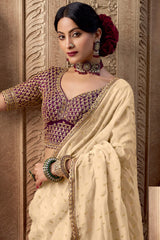 Artistic Beige Pure Viscose Crape Silk Saree With Inimitable Blouse Piece