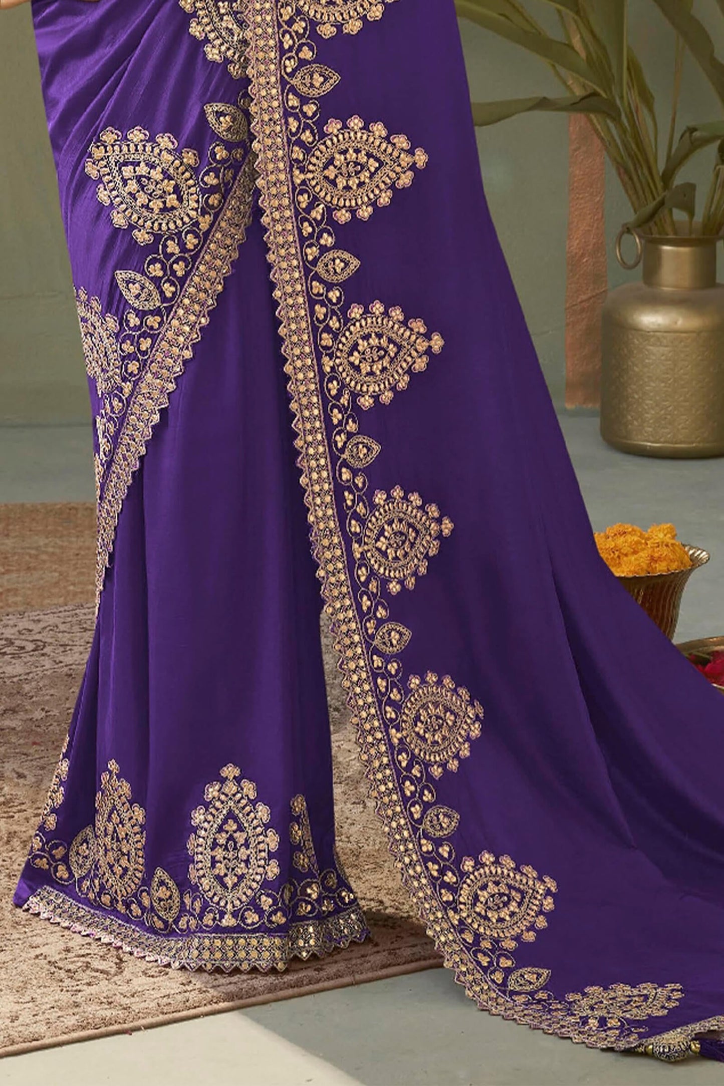Pulsating Royal Purple Soft Silk Embroidery Work Saree With Staring Blouse Piece