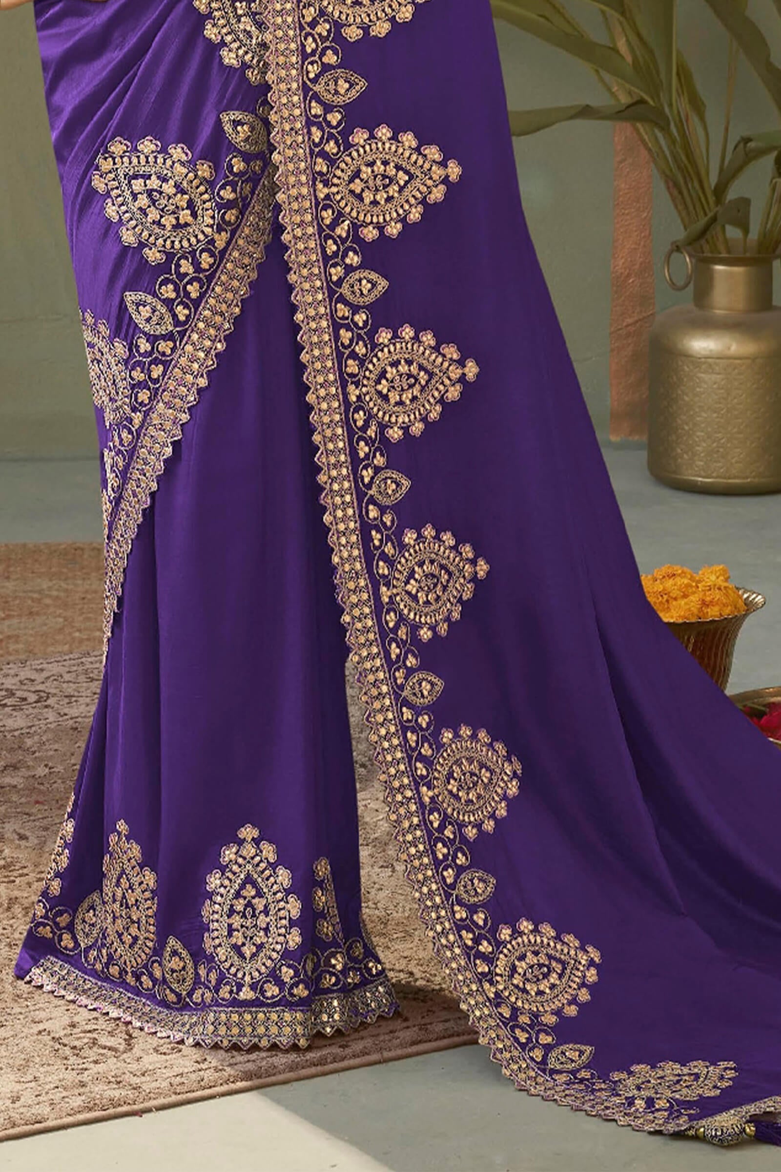 Pulsating Royal Purple Soft Silk Embroidery Work Saree With Staring Blouse Piece