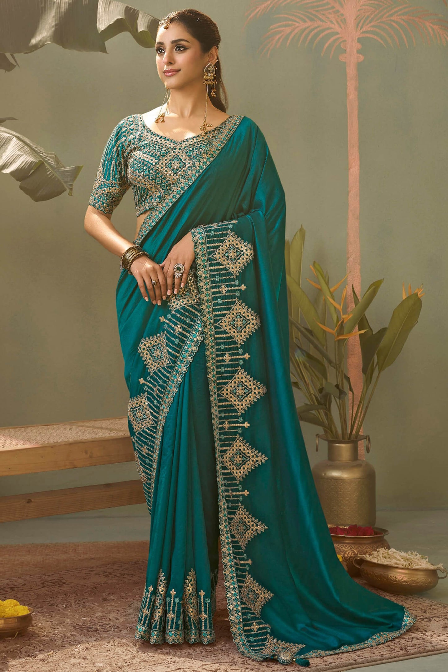 Ethereal Rama Soft Silk Embroidery Work Saree With Splendiferous Blouse Piece