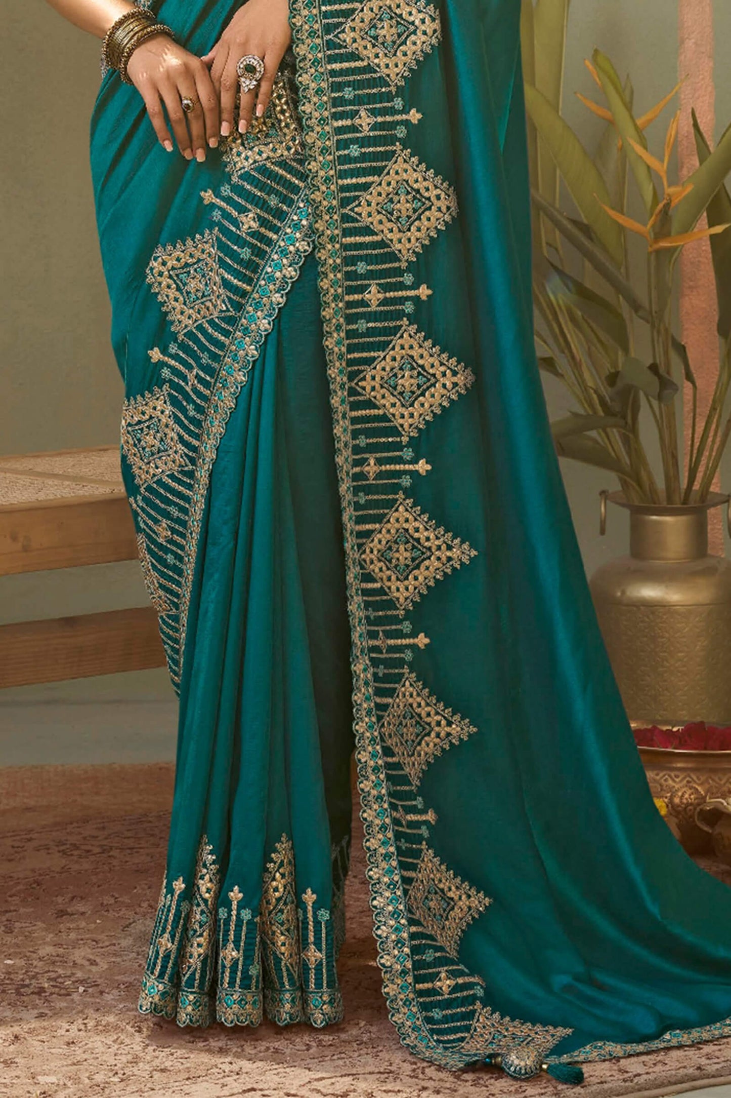 Ethereal Rama Soft Silk Embroidery Work Saree With Splendiferous Blouse Piece