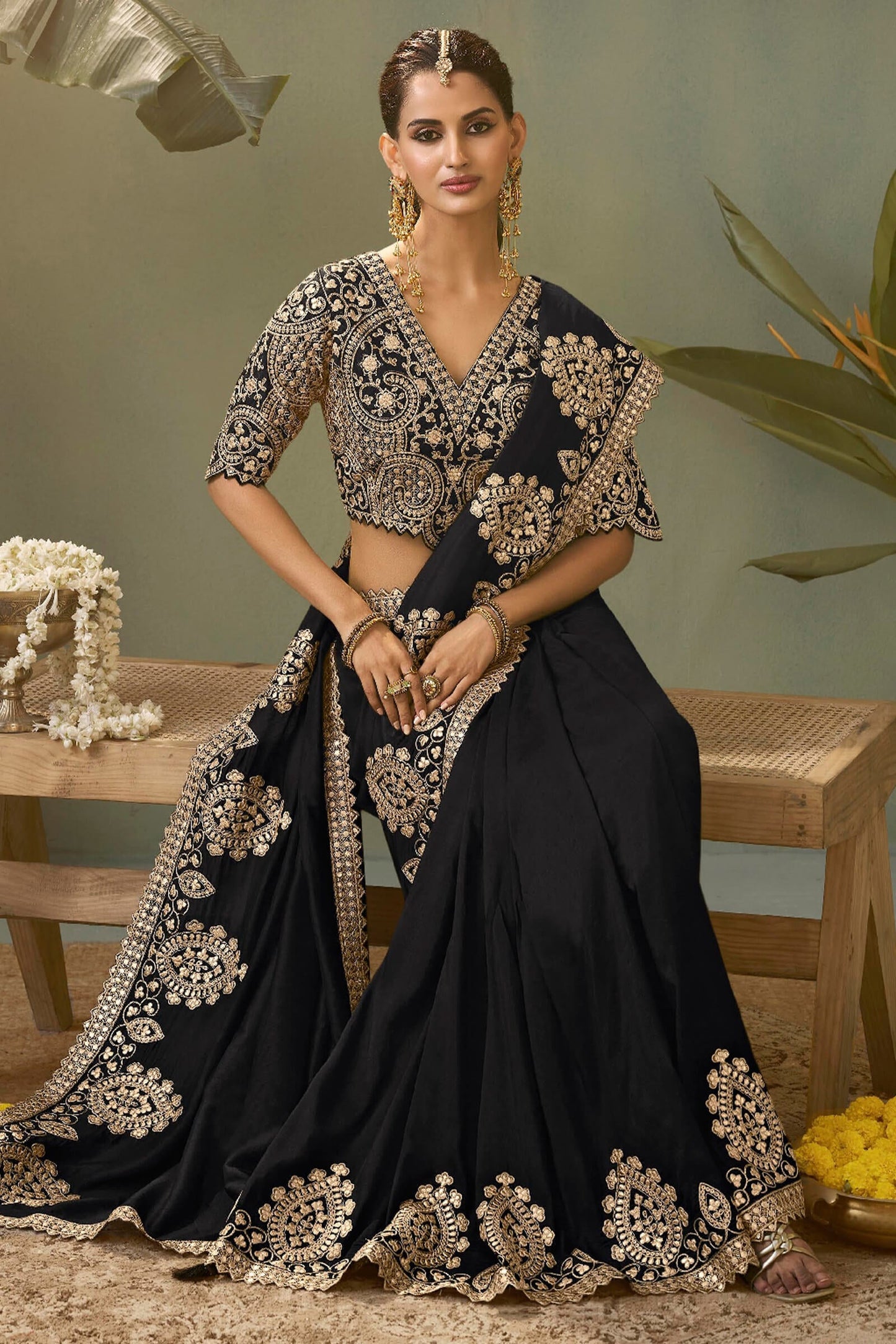 Effulgent Black Soft Silk Embroidery Work Saree With Ailurophile Blouse Piece