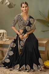 Effulgent Black Soft Silk Embroidery Work Saree With Ailurophile Blouse Piece