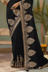 Effulgent Black Soft Silk Embroidery Work Saree With Ailurophile Blouse Piece