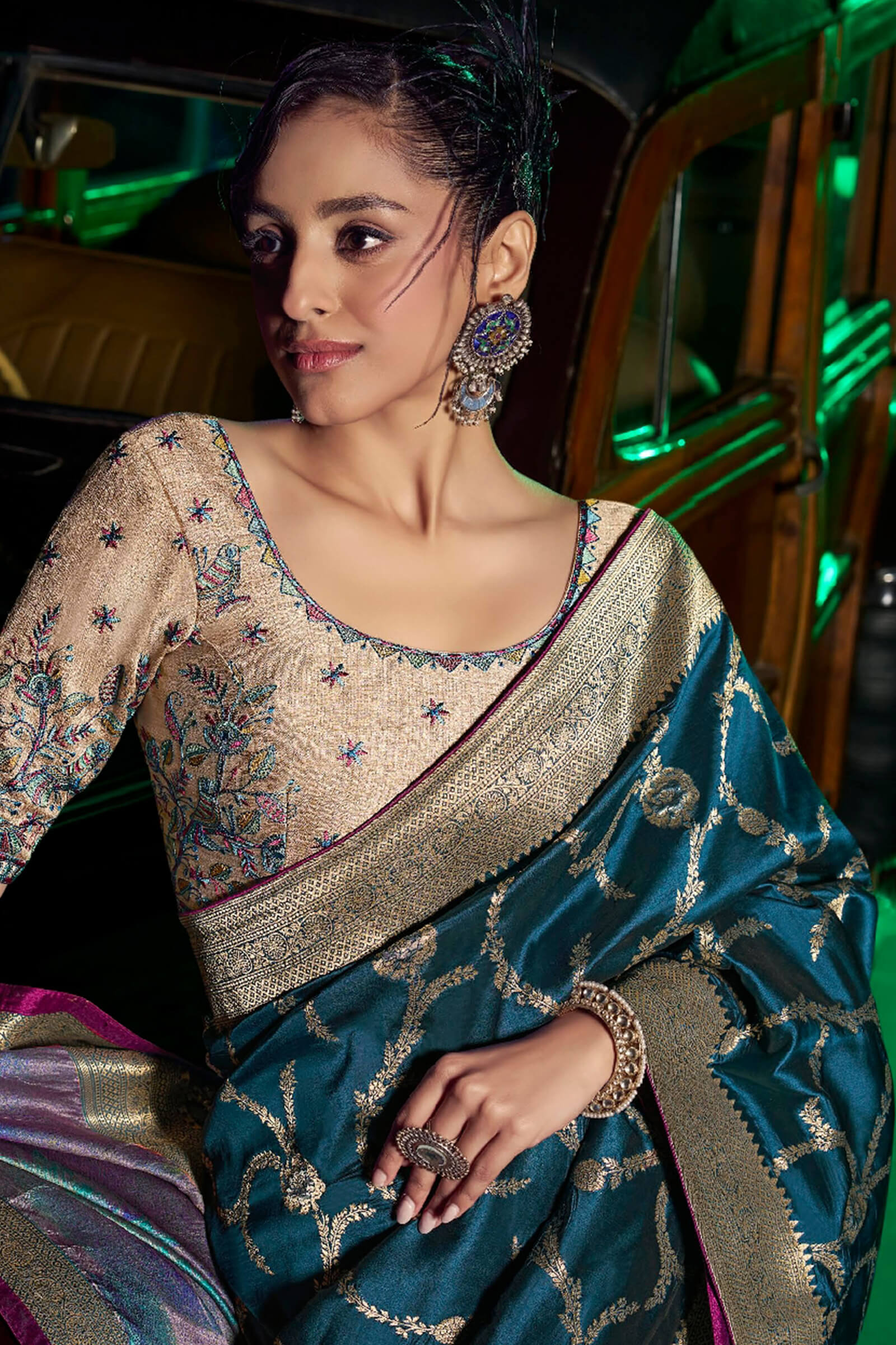 Ideal Rama Soft Banarasi Silk Saree With Sizzling Blouse Piece