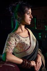 Prominent Black Soft Banarasi Silk Saree With Supernal Blouse Piece