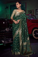 Amazing Dark Green Soft Banarasi Silk Saree With Gleaming Blouse Piece