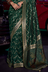Amazing Dark Green Soft Banarasi Silk Saree With Gleaming Blouse Piece