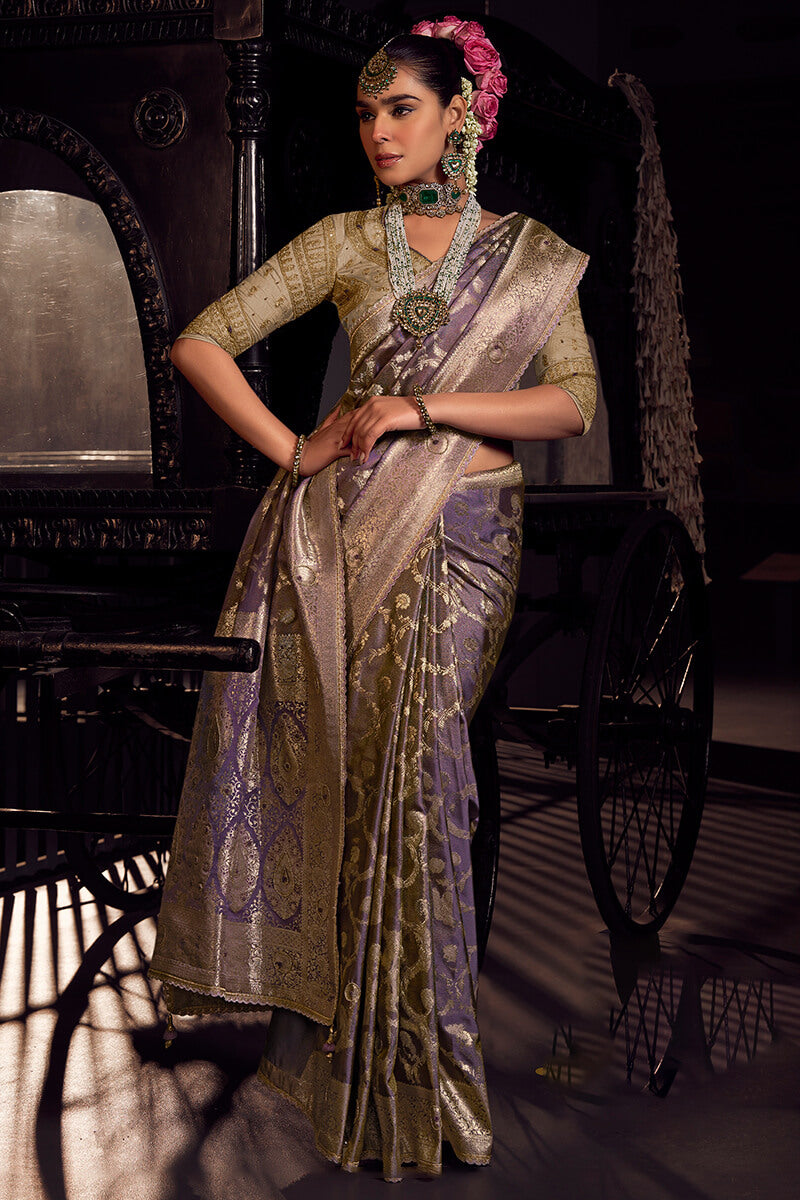 Invaluable Lavender Pure Viscose Tissue Banarasi Silk Saree With Groovy Blouse Piece