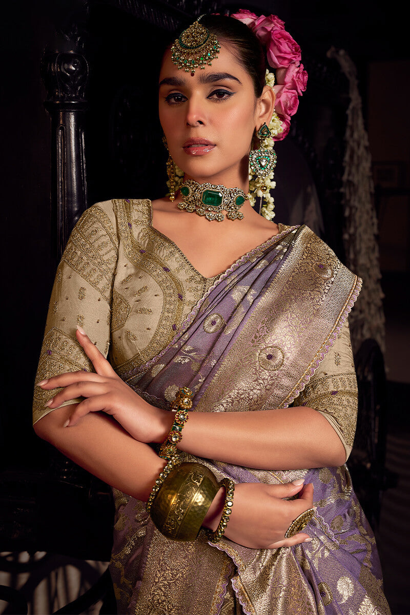 Invaluable Lavender Pure Viscose Tissue Banarasi Silk Saree With Groovy Blouse Piece