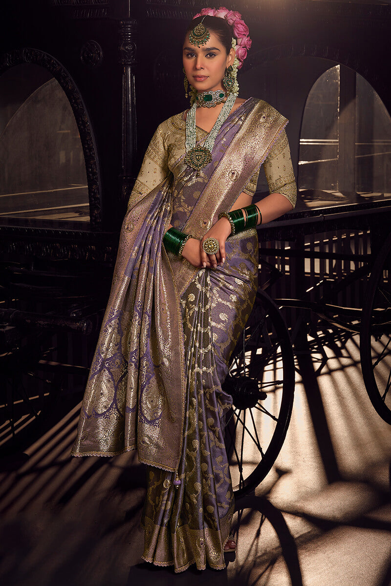 Invaluable Lavender Pure Viscose Tissue Banarasi Silk Saree With Groovy Blouse Piece