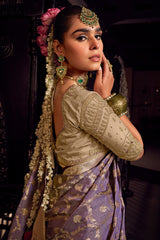 Invaluable Lavender Pure Viscose Tissue Banarasi Silk Saree With Groovy Blouse Piece