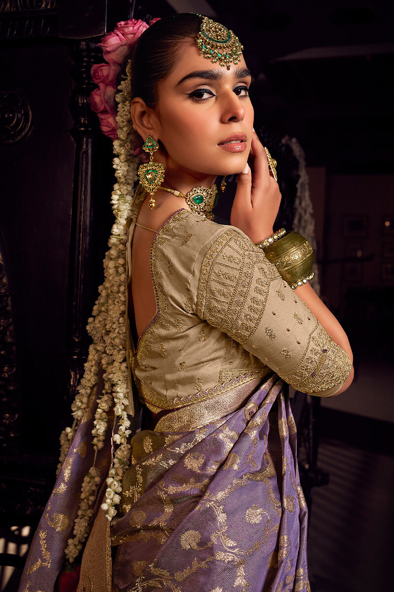 Invaluable Lavender Pure Viscose Tissue Banarasi Silk Saree With Groovy Blouse Piece