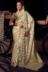 Refreshing Beige Pure Viscose Tissue Banarasi Silk Saree With Whimsical Blouse Piece