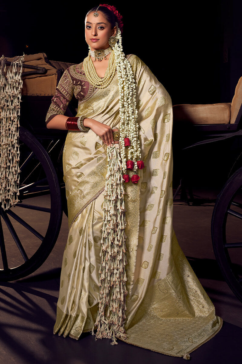 Refreshing Beige Pure Viscose Tissue Banarasi Silk Saree With Whimsical Blouse Piece