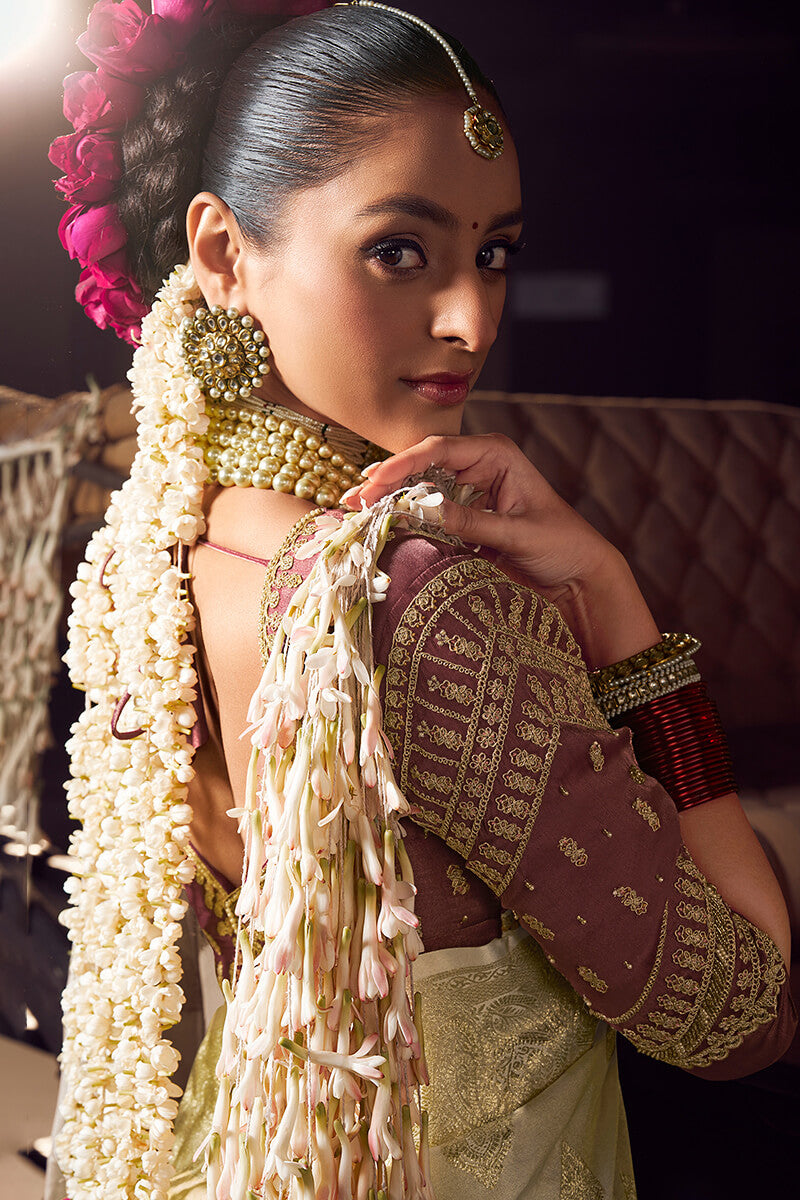 Refreshing Beige Pure Viscose Tissue Banarasi Silk Saree With Whimsical Blouse Piece