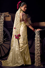 Refreshing Beige Pure Viscose Tissue Banarasi Silk Saree With Whimsical Blouse Piece