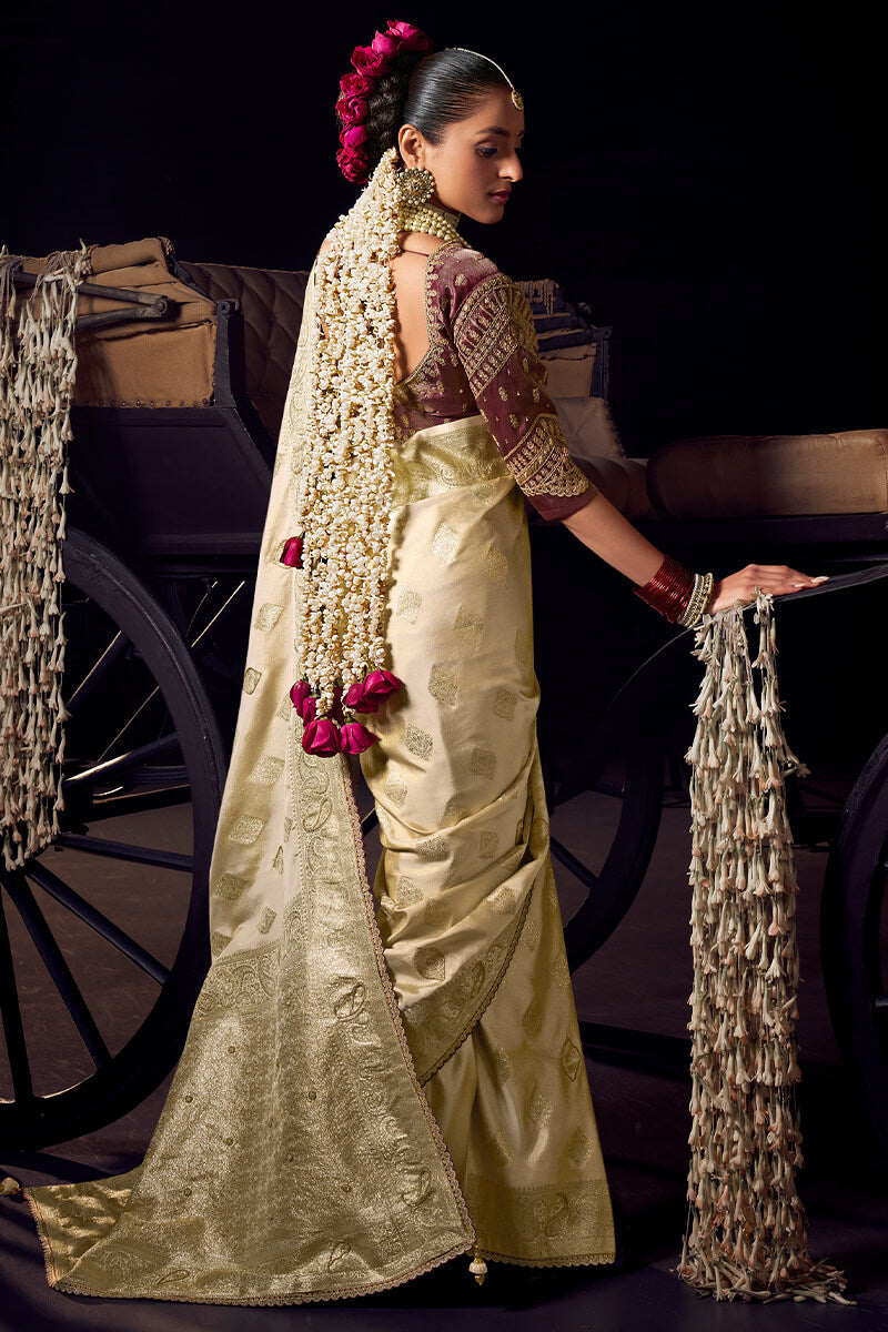 Refreshing Beige Pure Viscose Tissue Banarasi Silk Saree With Whimsical Blouse Piece