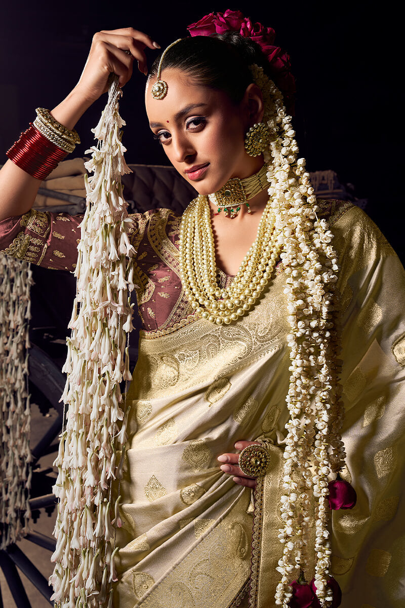 Refreshing Beige Pure Viscose Tissue Banarasi Silk Saree With Whimsical Blouse Piece