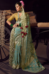 Blissful Sea Green Pure Viscose Tissue Banarasi Silk Saree With Glowing Blouse Piece