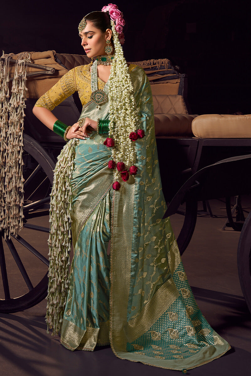 Blissful Sea Green Pure Viscose Tissue Banarasi Silk Saree With Glowing Blouse Piece