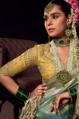 Blissful Sea Green Pure Viscose Tissue Banarasi Silk Saree With Glowing Blouse Piece