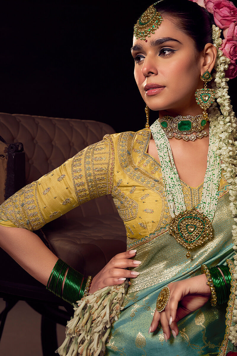Blissful Sea Green Pure Viscose Tissue Banarasi Silk Saree With Glowing Blouse Piece