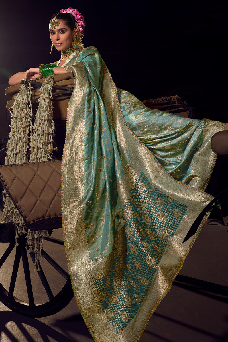 Blissful Sea Green Pure Viscose Tissue Banarasi Silk Saree With Glowing Blouse Piece