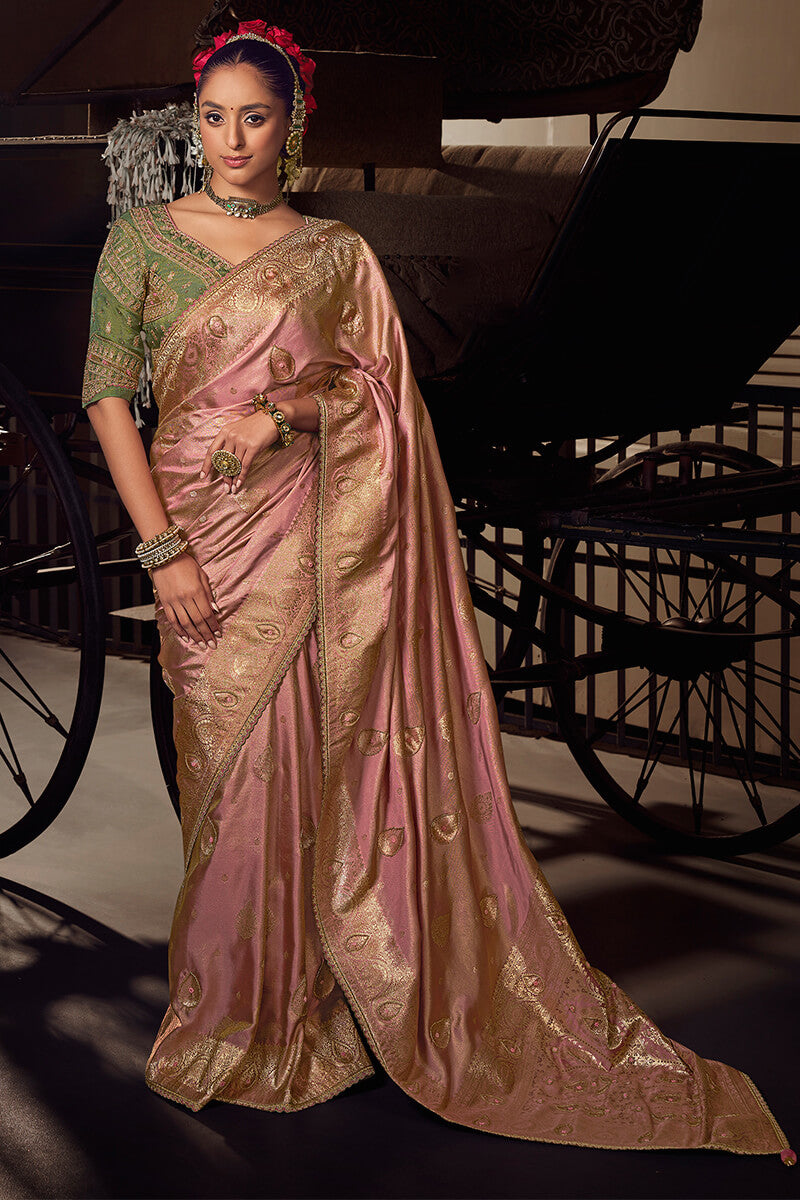 Bewitching Pink Pure Viscose Tissue Banarasi Silk Saree With Brood Blouse Piece