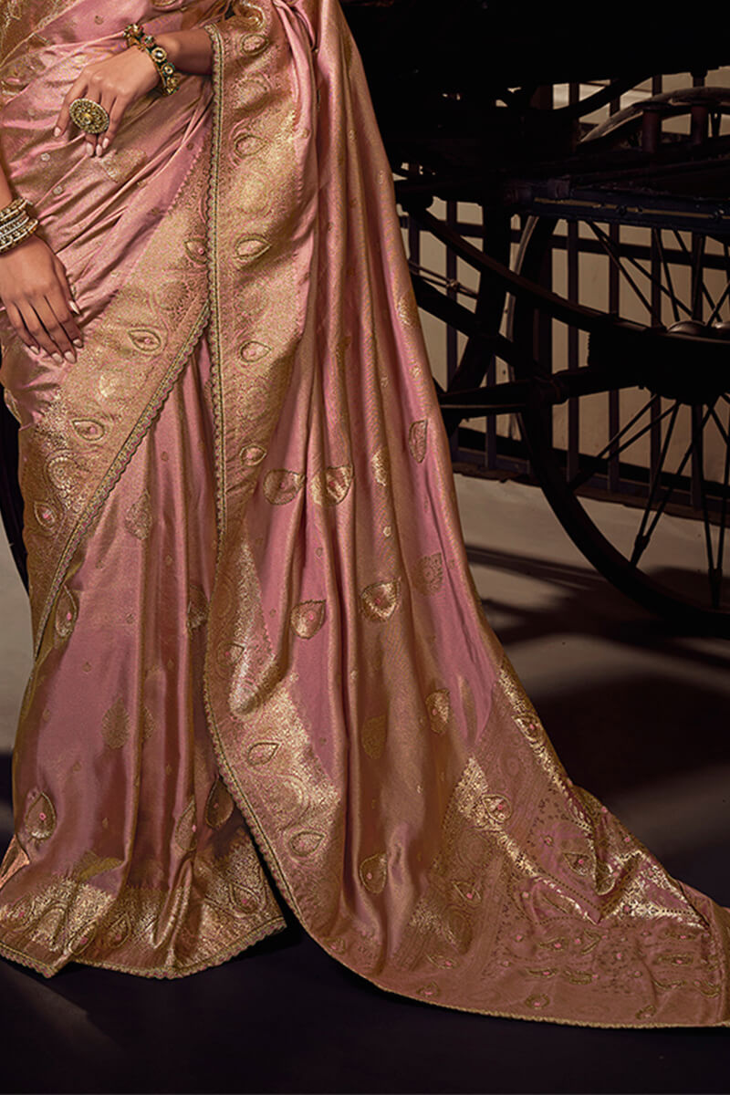 Bewitching Pink Pure Viscose Tissue Banarasi Silk Saree With Brood Blouse Piece