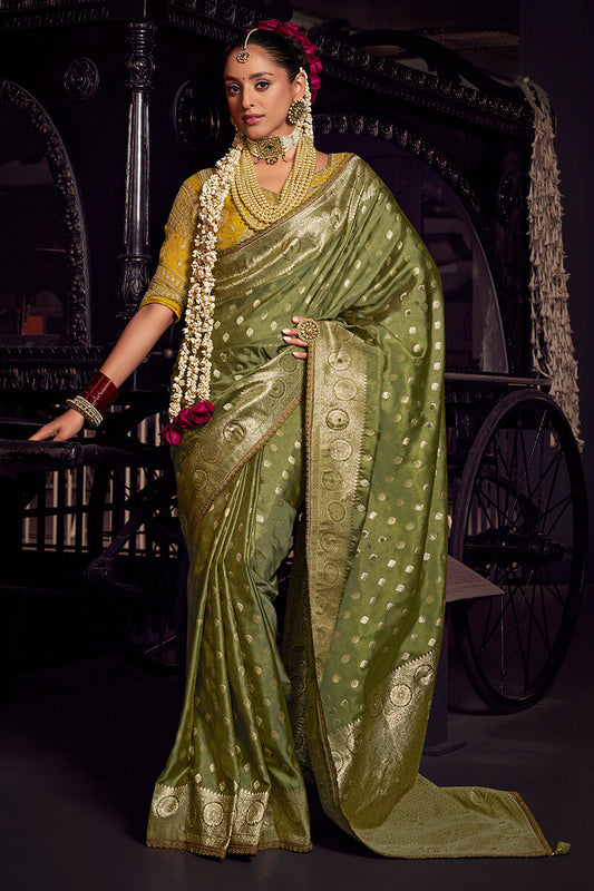 Lassitude Green Pure Viscose Tissue Banrasi Silk Saree With Staring Blouse Piece