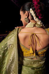Lassitude Green Pure Viscose Tissue Banarasi Silk Saree With Staring Blouse Piece